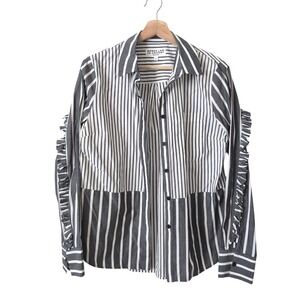 Derek Lam 10 Crosby Denim Striped Ruffle Sleeve Button Down Shirt Black White M